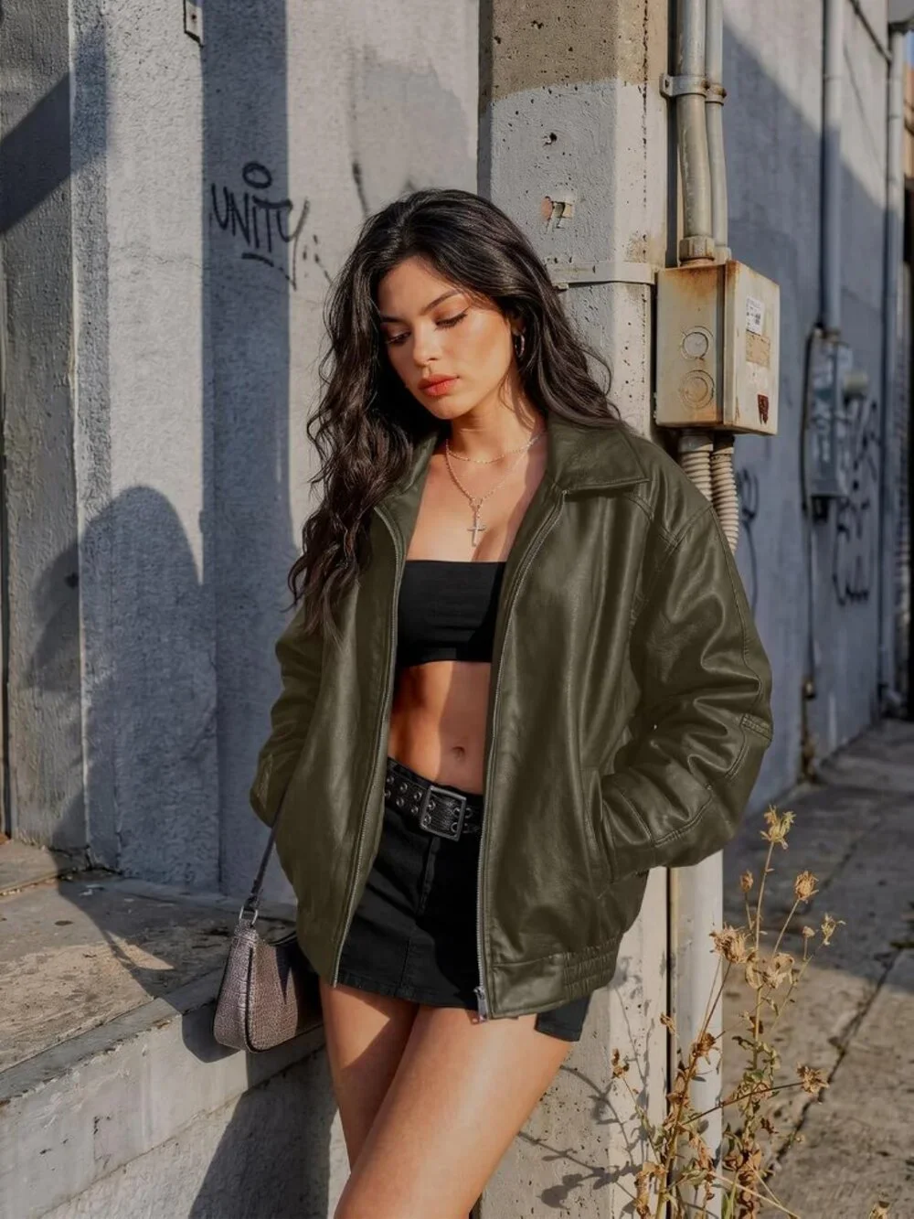 Women Army Green Oversized Faux Leather Loose Weight Fal Winter Outerwear Jacket